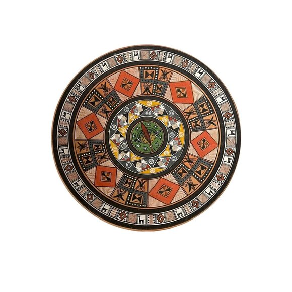 Vintage Pisac Cusco Peru Folk Art Redware Clay Hand Painted Plate 9" Aztec Maya - Picture 2 of 8